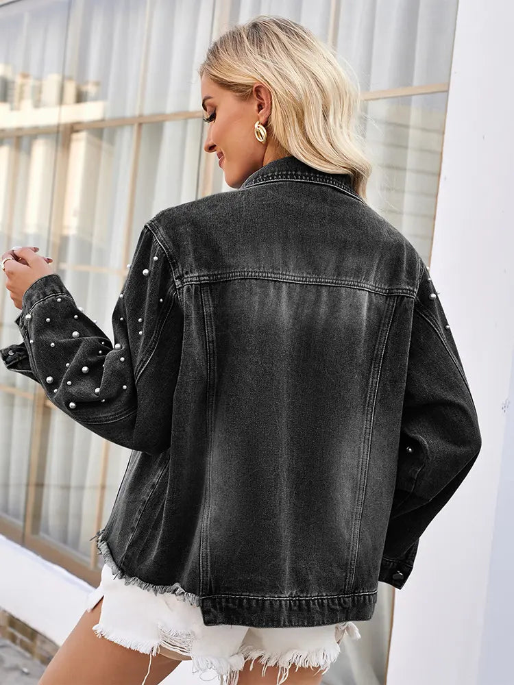Washed Denim Jacket with Pearl Details and Long Sleeves