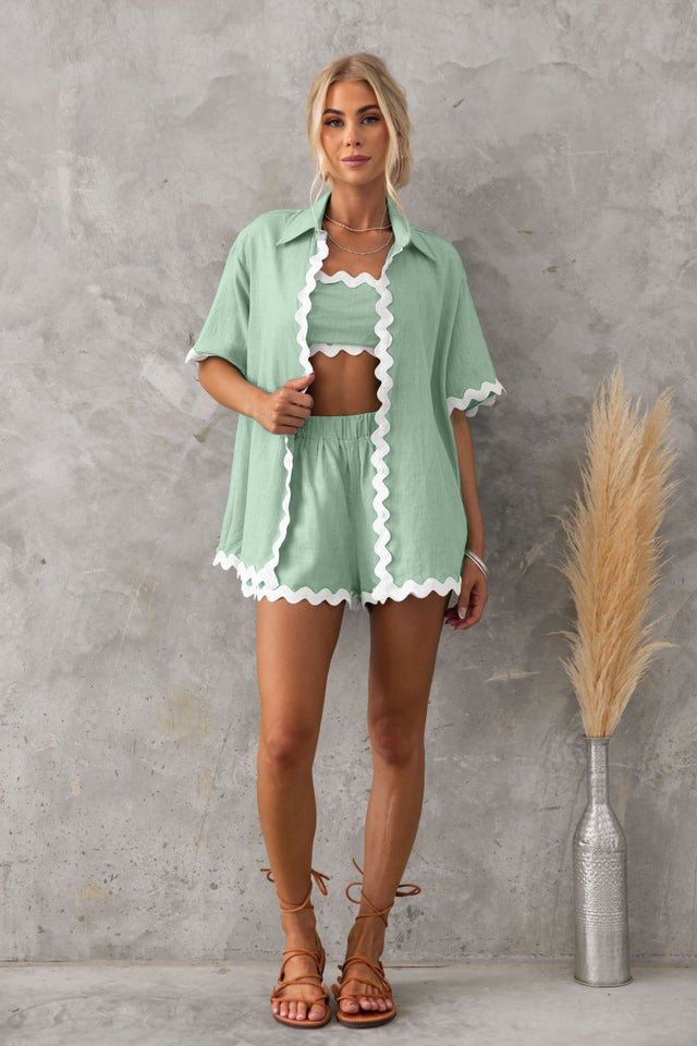 Simple Knit Cardigan Wavy Stitching Set
