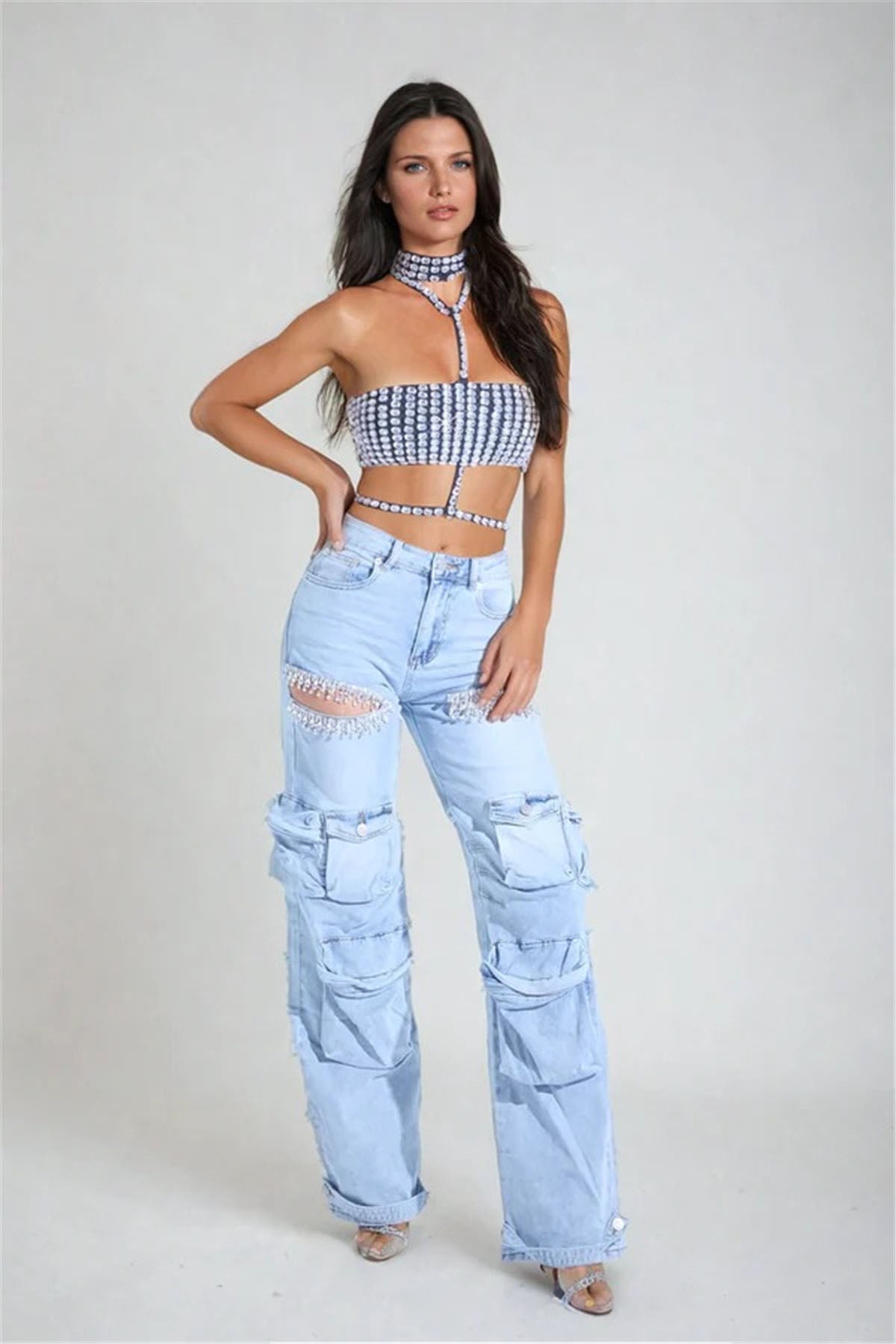 Cut Out Crystal-Detail Cargo Jeans