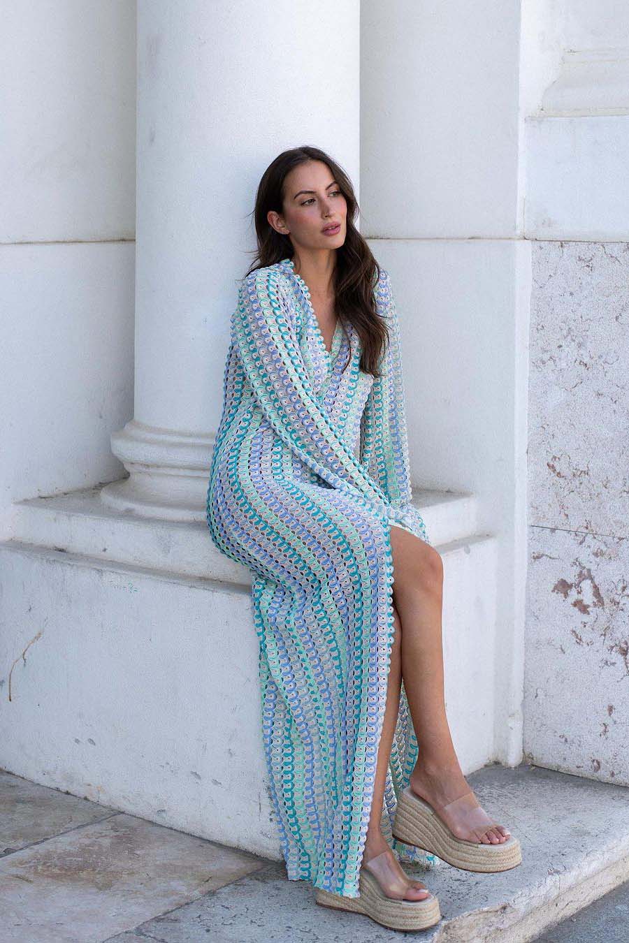 Boho V-Neck Bell Sleeve Wavy Striped Crochet Beach Vacation Maxi-Length Dress