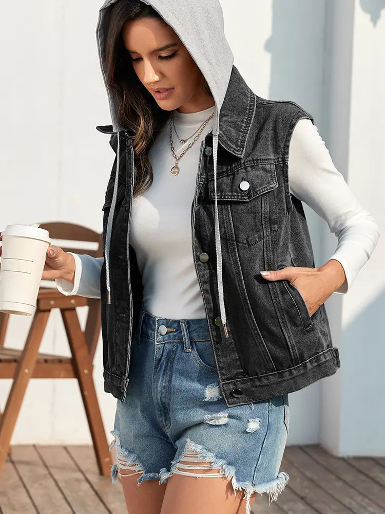 Lightweight Washed Denim Vest with Button Closure and Relaxed Fit