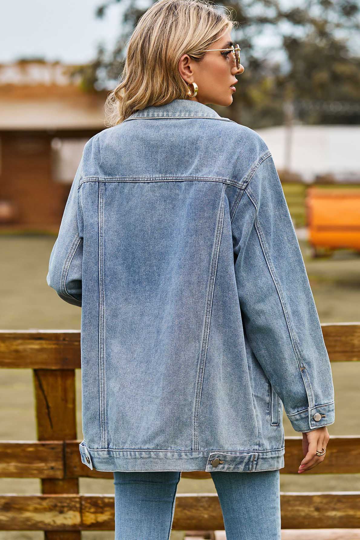 Modern Washed Leopard Print Denim Jacket-Blue