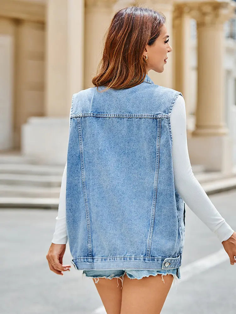 Denim Vest with Fitted Cut, Button Closure and Pockets