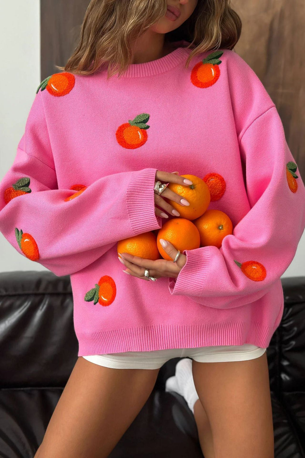 Modern Girls' Orange Flocked Knit Sweater