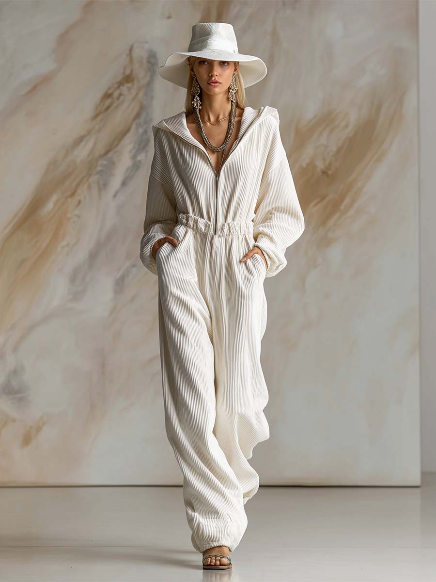 Relaxed Loose Fashionable White Corduroy Hooded Front Zipper Long Sleeve Jumpsuit