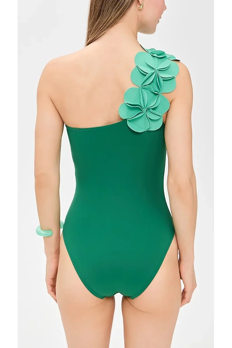 Green One-Shoulder 3D Flower Swimsuit