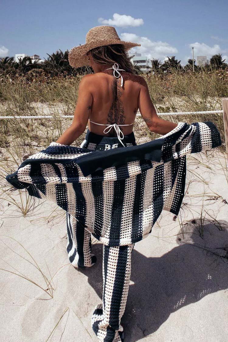 Coordinated Hollow Striped Shirt Knit Set