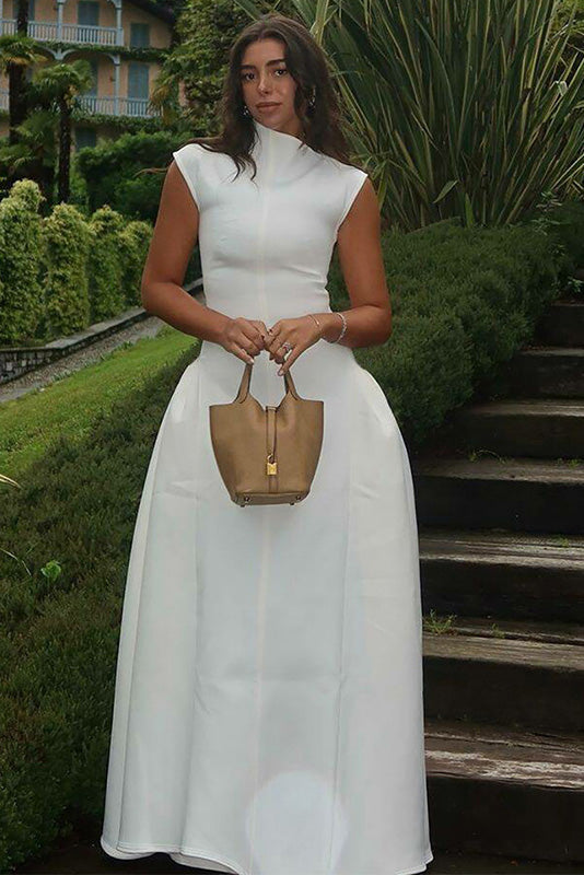 Clean-Lined High-Neck Sculptural Maxi-Length Dress
