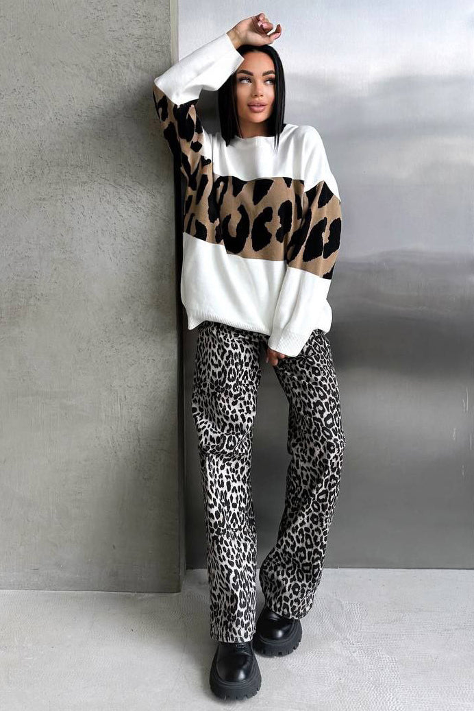 Retro Leopard Print Color-Block Knit Sweater