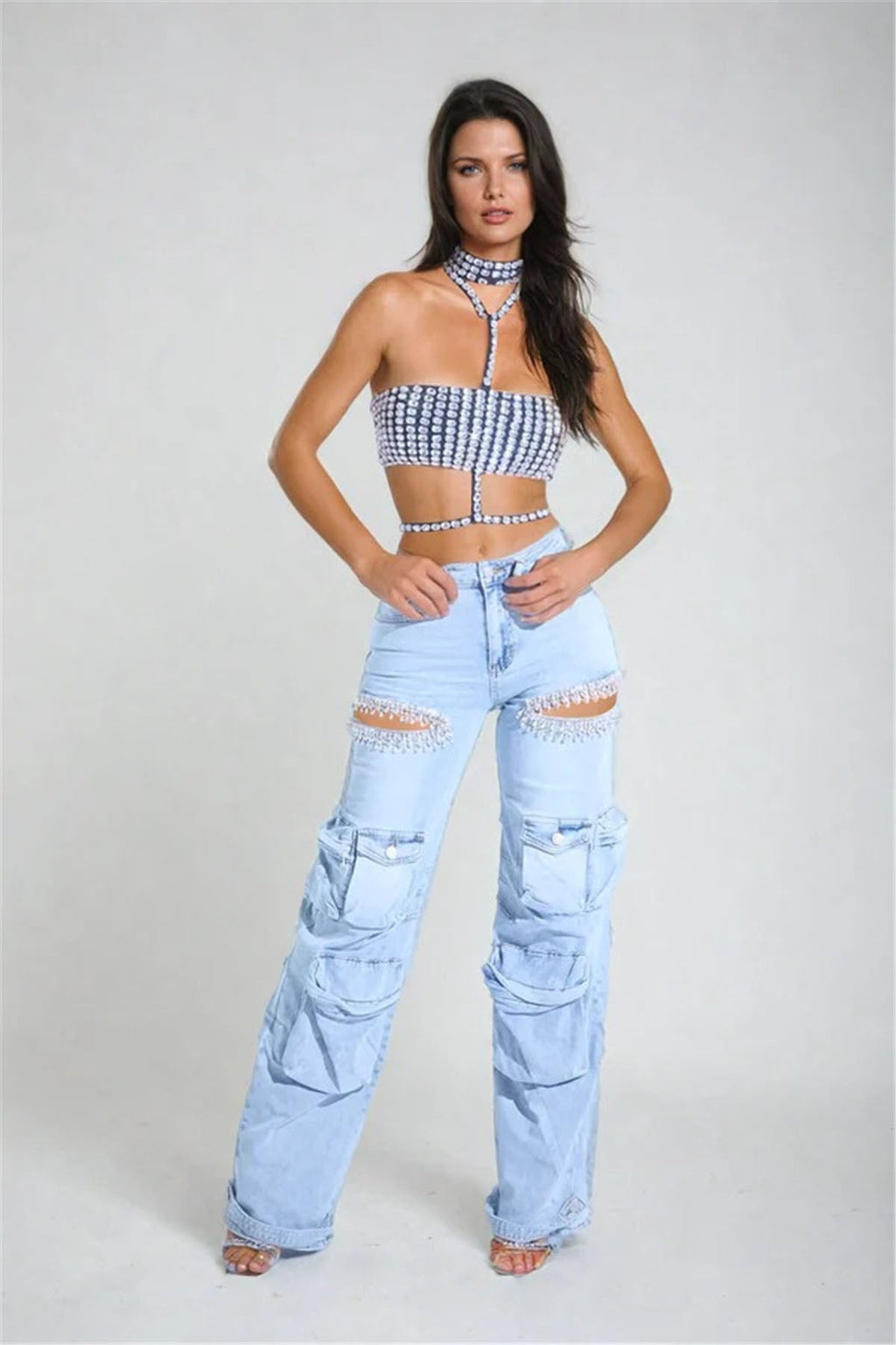 Cut Out Crystal-Detail Cargo Jeans