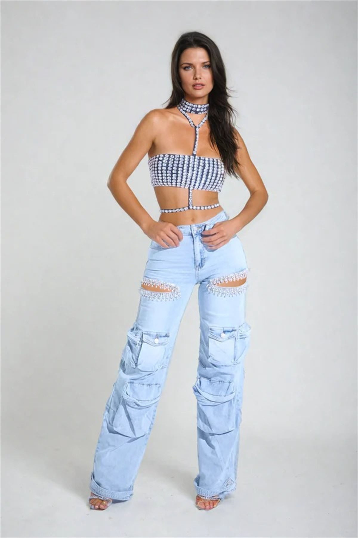 Cut Out Crystal-Detail Cargo Jeans