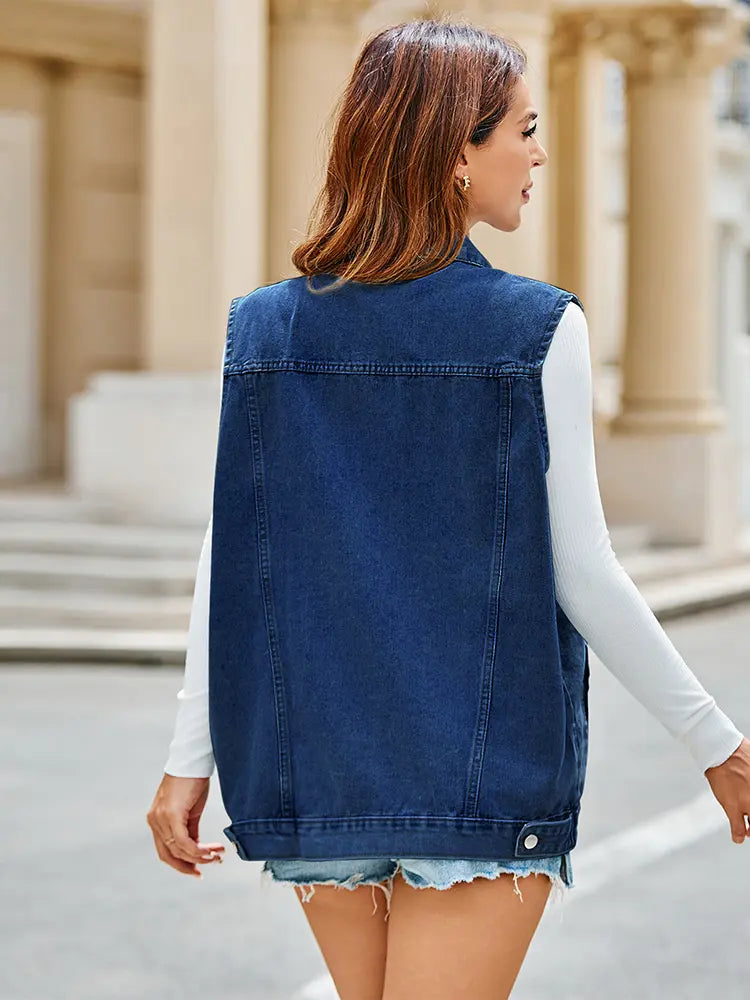 Denim Vest with Fitted Cut, Button Closure and Pockets