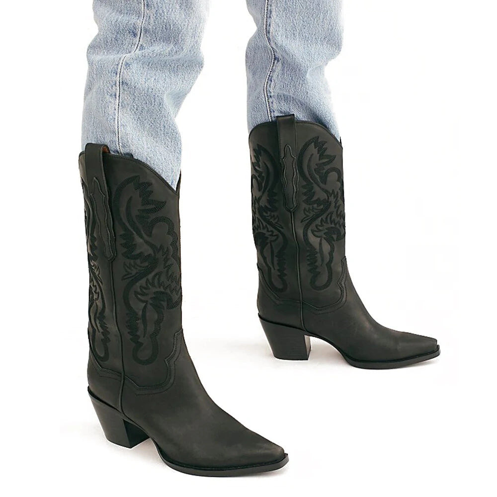 Modern Embroidered Pointed Toe Thick Heel Western Boots