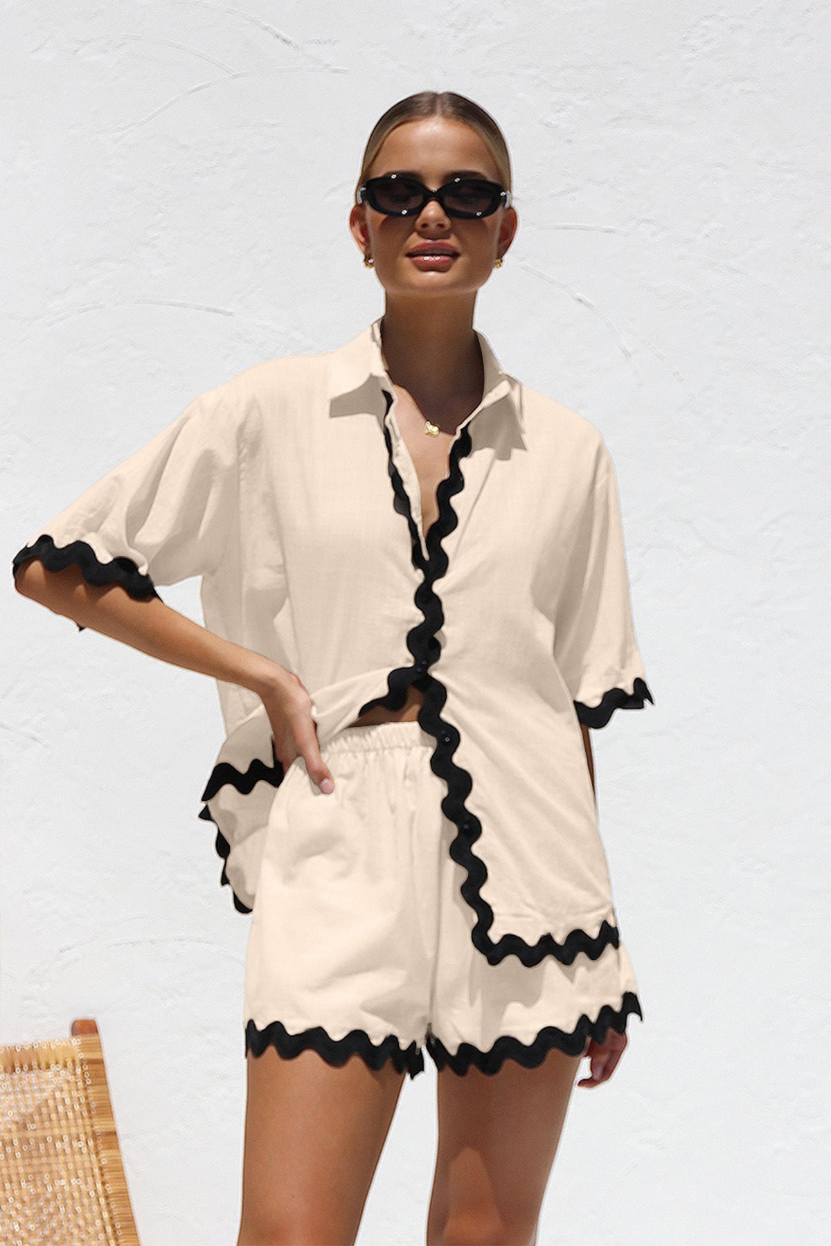 Simple Knit Cardigan Wavy Stitching Set