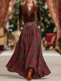 Coordinated V-Neck Lace Long-sleeved T-shirt And Red Plaid Skirt Set