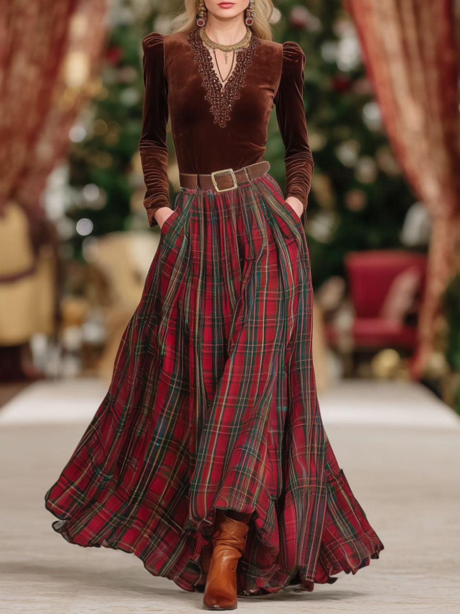Coordinated V-Neck Lace Long-sleeved T-shirt And Red Plaid Skirt Set