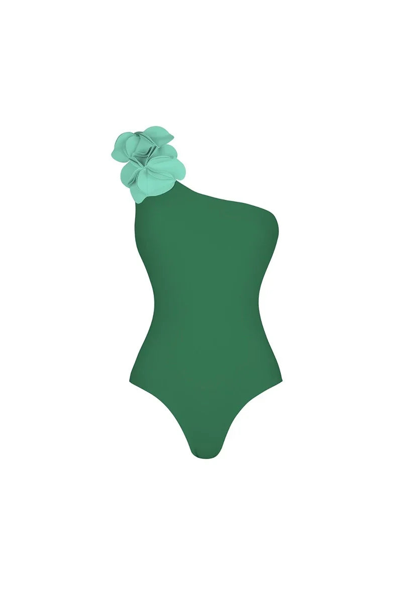 Green One-Shoulder 3D Flower Swimsuit