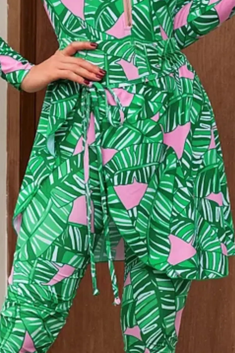 Green Zip Long Sleeve Patterned Surf Swimwear Set