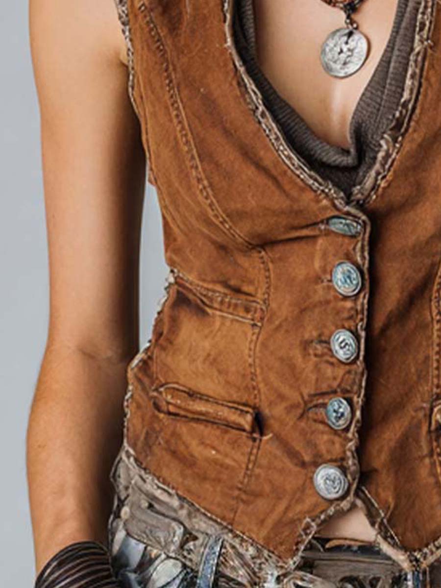 Modern Washed Caramel Denim With Brass Button Stitching Vest