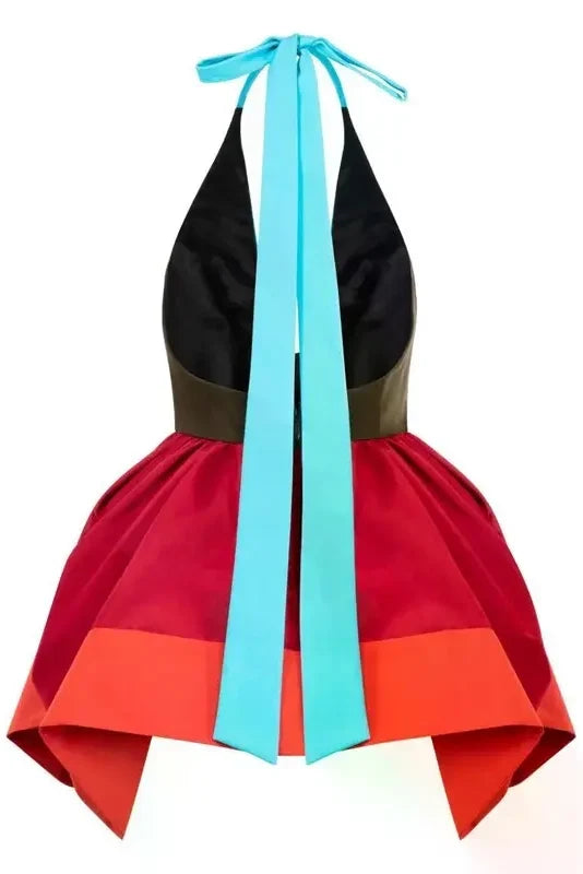 Modern Colorblock Halter Pleated Top