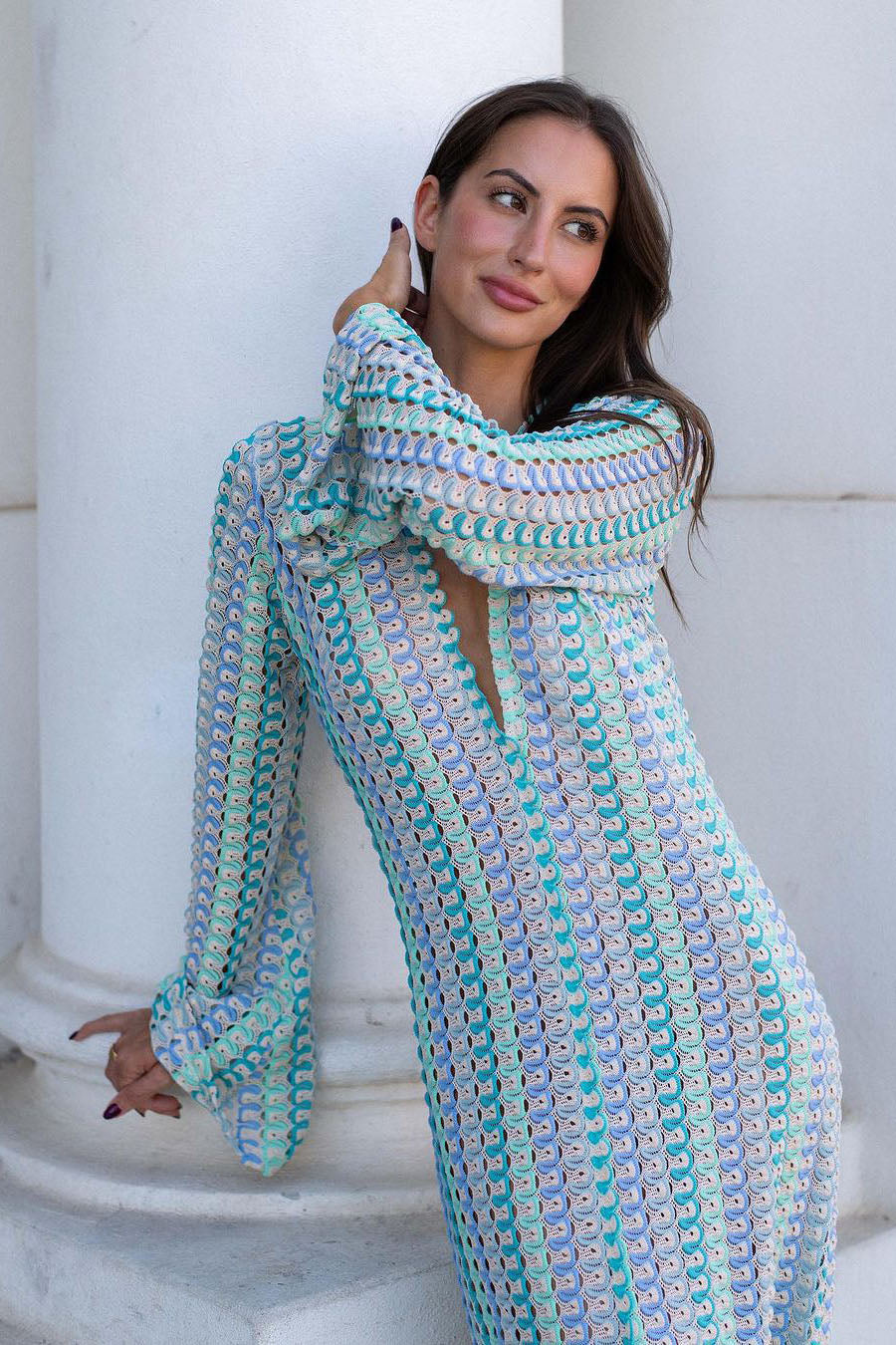 Boho V-Neck Bell Sleeve Wavy Striped Crochet Beach Vacation Maxi-Length Dress