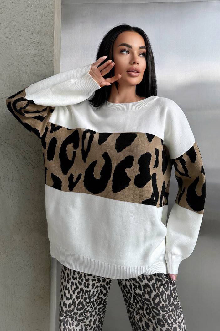Retro Leopard Print Color-Block Knit Sweater