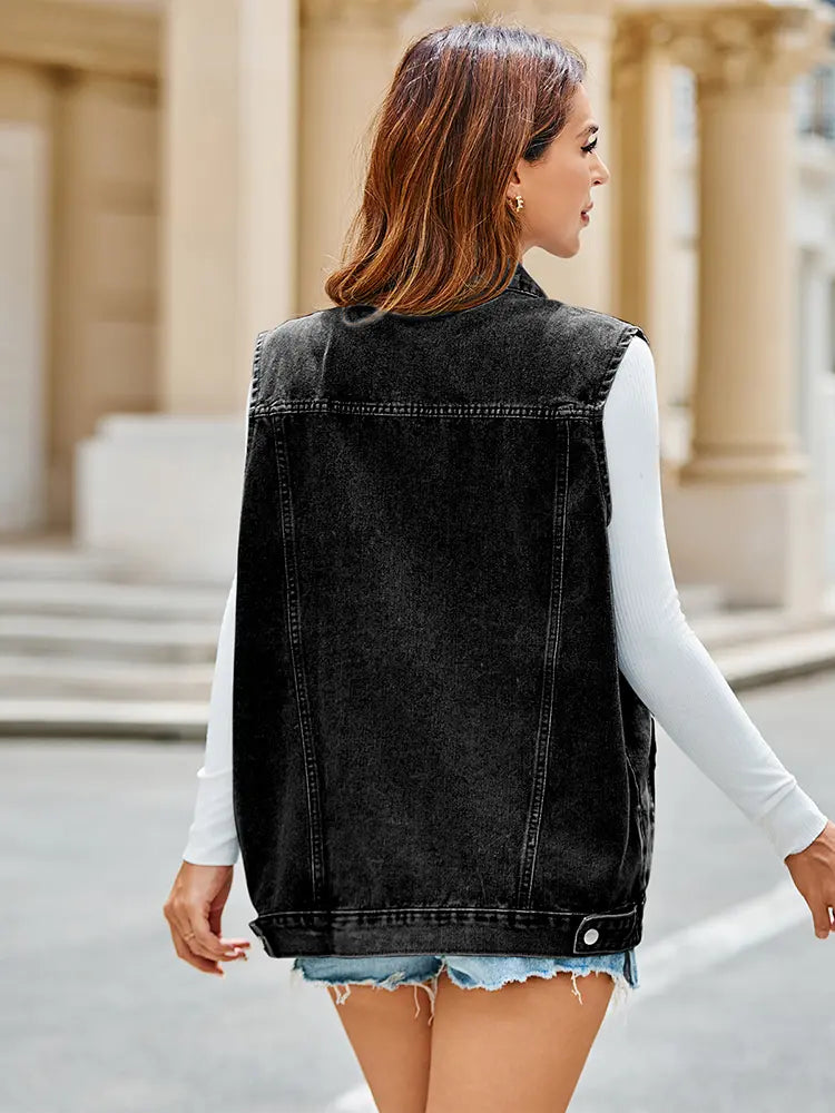 Denim Vest with Fitted Cut, Button Closure and Pockets