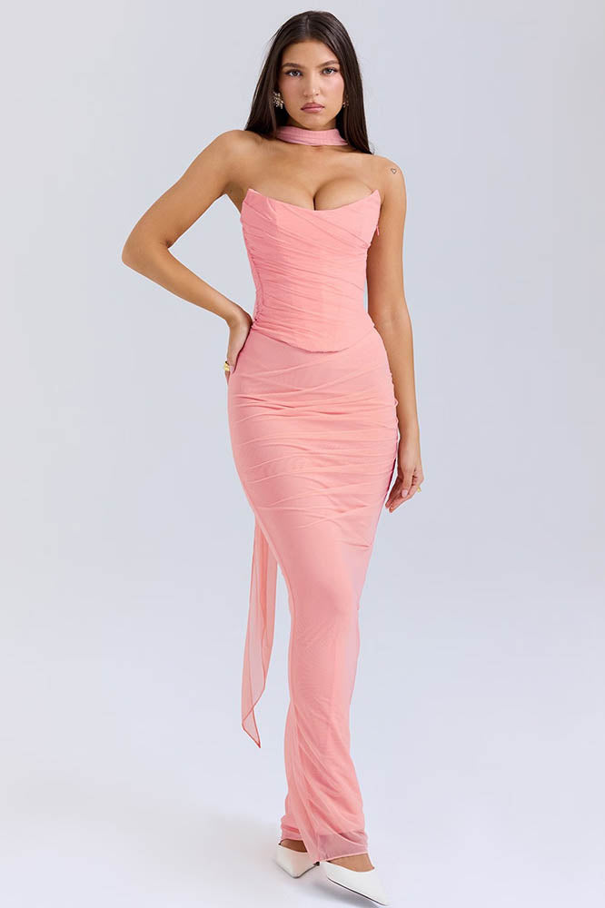 Coordinated Flowy Tie Strapless Slimming Skirt Set