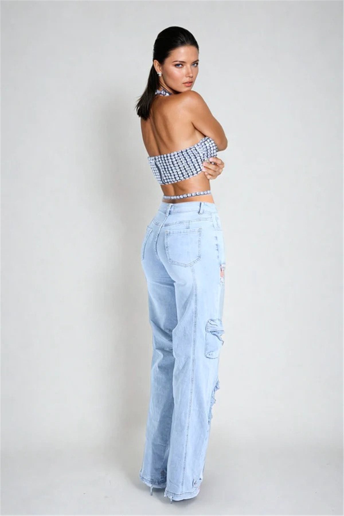 Cut Out Crystal-Detail Cargo Jeans