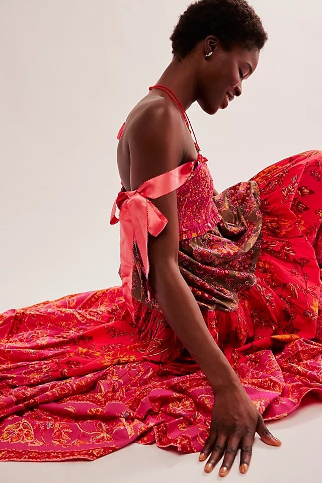 Bow-Strap Flower Tiered Maxi-Length Dress