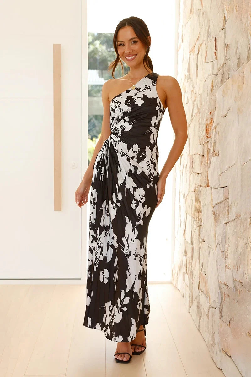 Laken Maxi-Length Dress - Black/White Flower