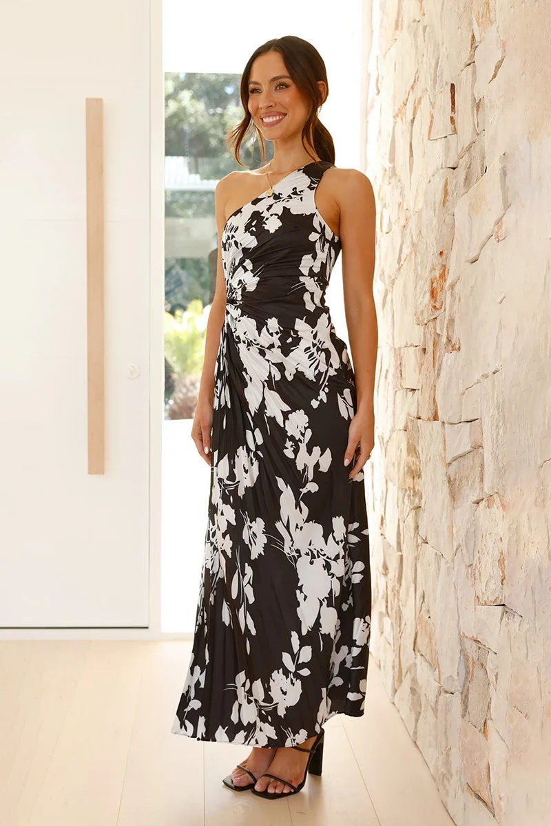 Laken Maxi-Length Dress - Black/White Flower