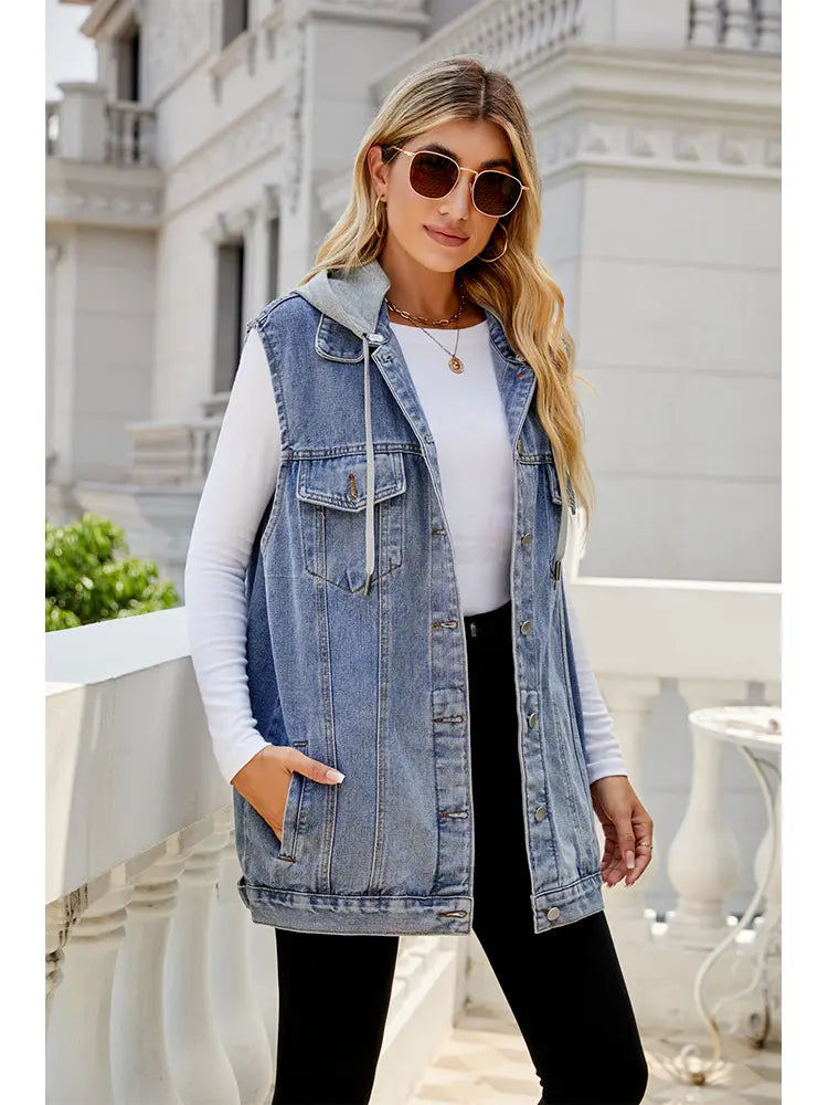 Lightweight Denim Vest with Hood and Button Closure