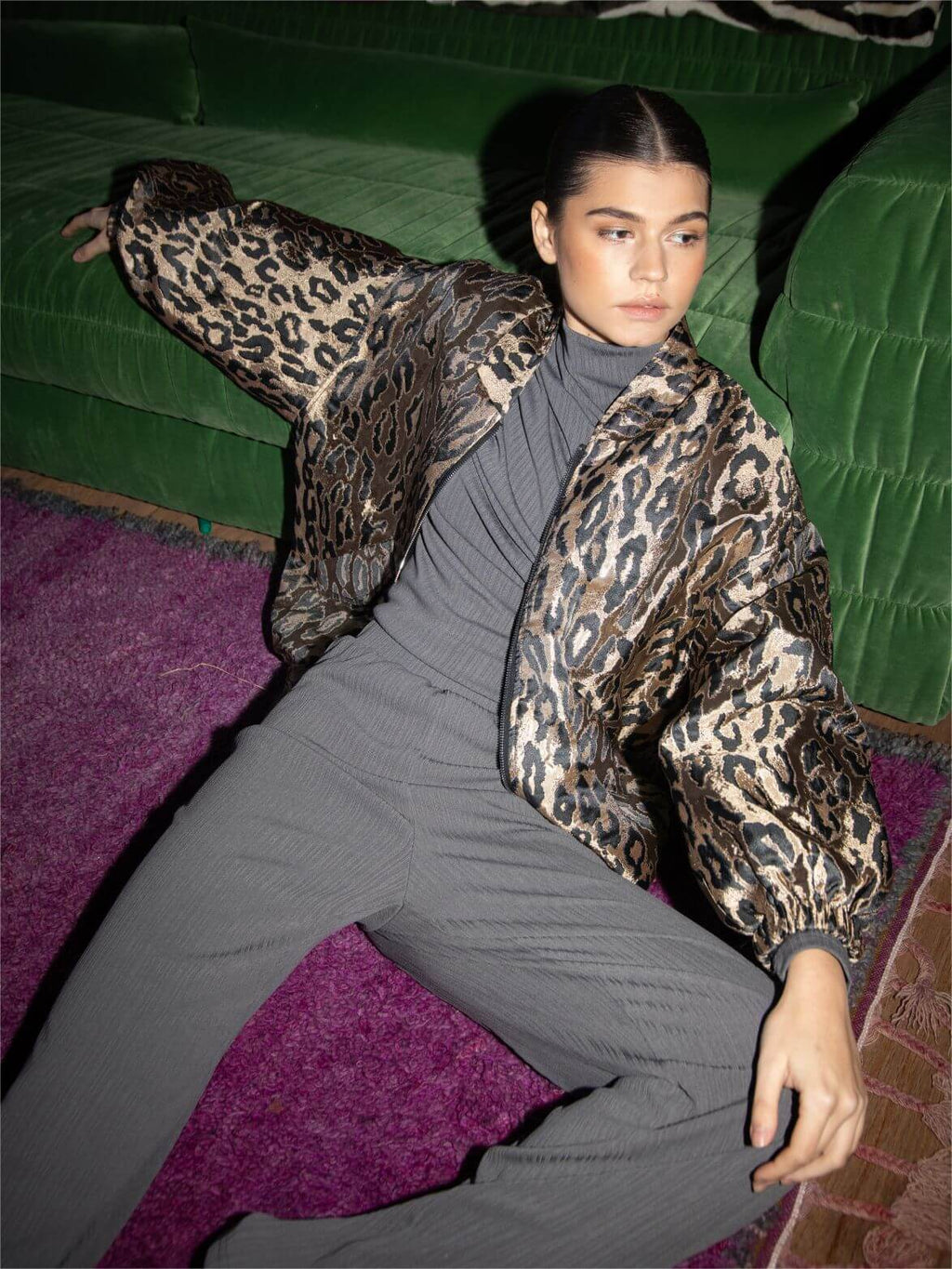 Oversized Bomber Jacket with Leopard Print