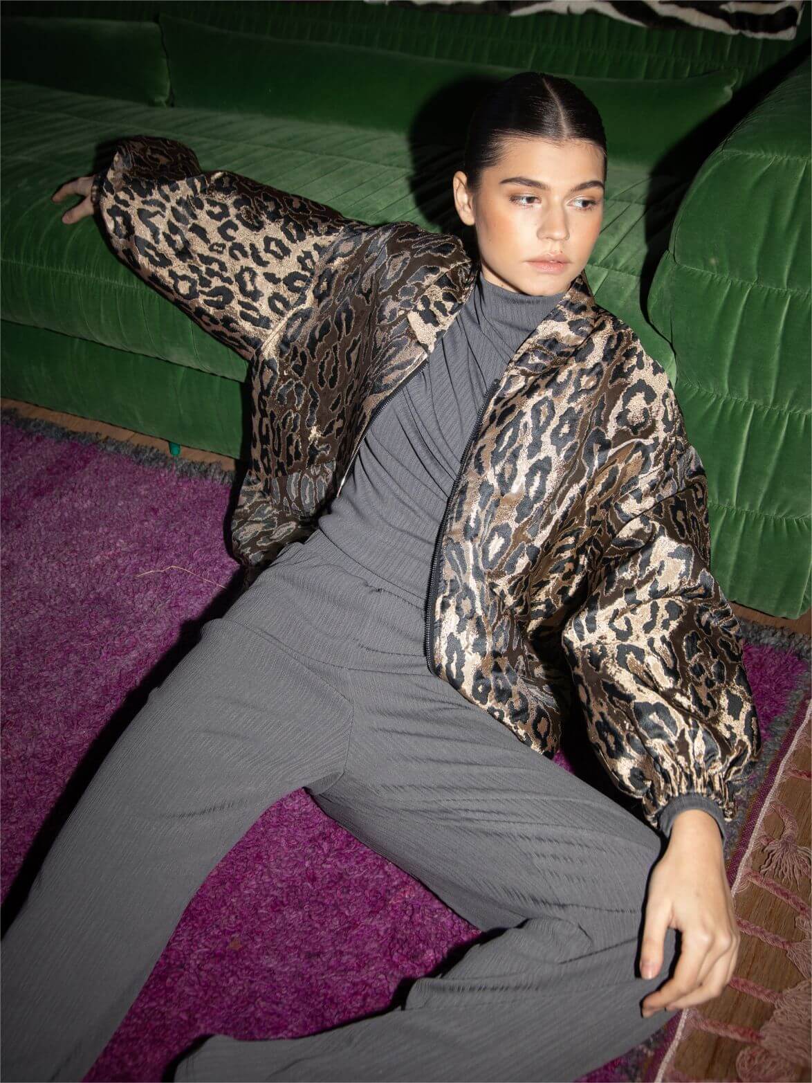 Oversized Bomber Jacket with Leopard Print