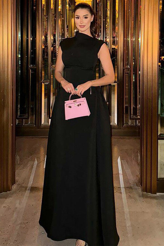 Clean-Lined High-Neck Sculptural Maxi-Length Dress