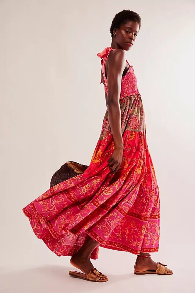 Bow-Strap Flower Tiered Maxi-Length Dress