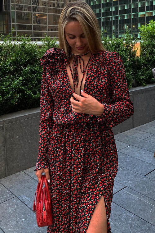 Bertha Flower V-Neck Midi-Length Dress