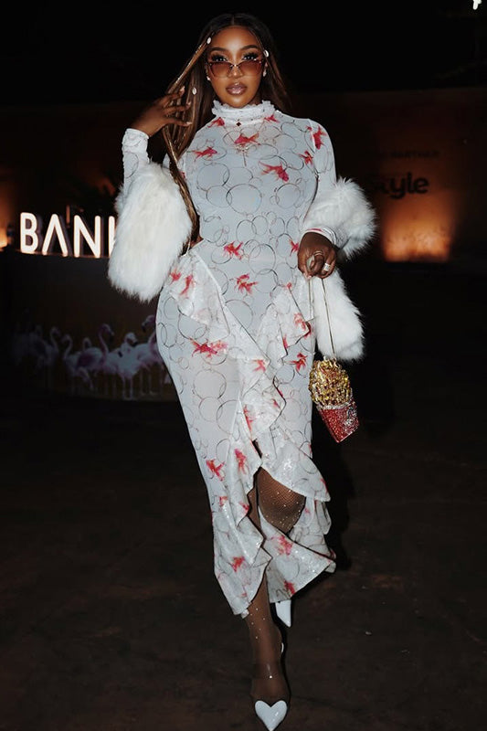 Koi Fish Print High-Neck Maxi-Length Dress