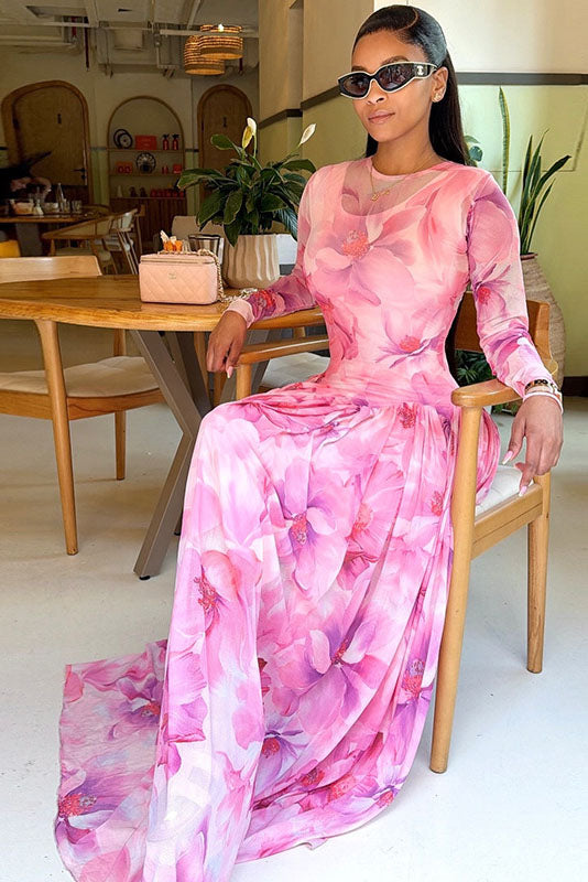 Dreamy Pink Flower Flowy Maxi-Length Dress