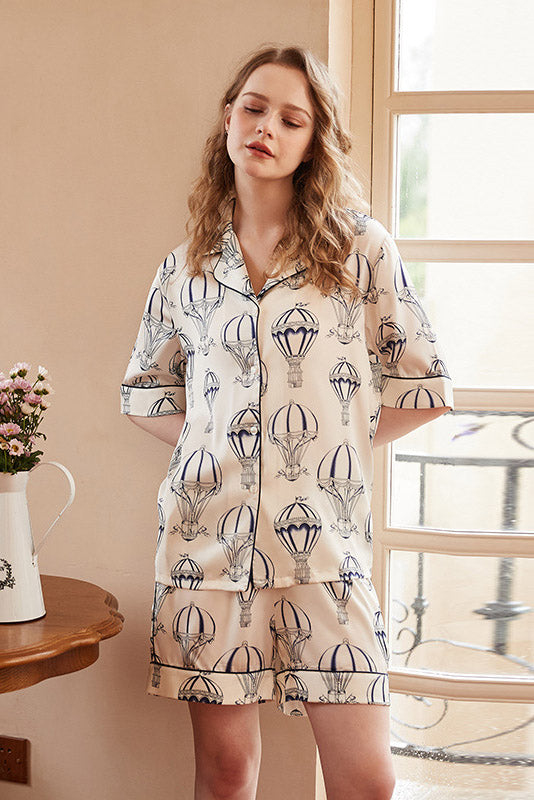 Coordinated Hot Air Balloon Print Pajama Set - White