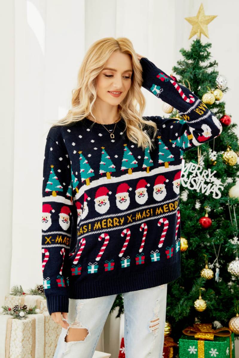 Crew Neck Loose-Fit Christmas Theme Knit Sweater