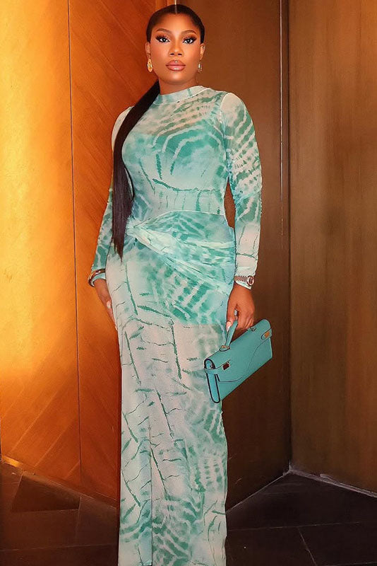 Artistic Teal Tie-Dye Sheer Turtleneck Maxi-Length Dress