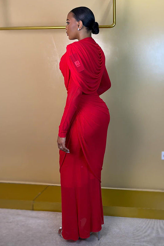 Classy Red Crew Neck Maxi-Length Dress