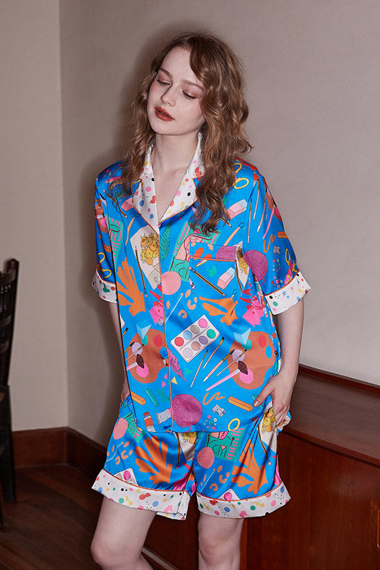 Stationery Print Relaxed Short-Sleeve Loungewear Set - Blue