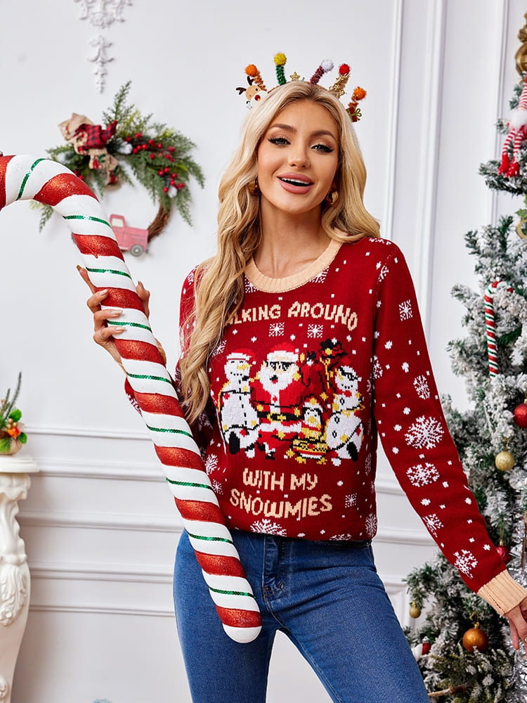 Relaxed Crew Neck Embroidered Knit Sweater - Santa Claus & Penguin