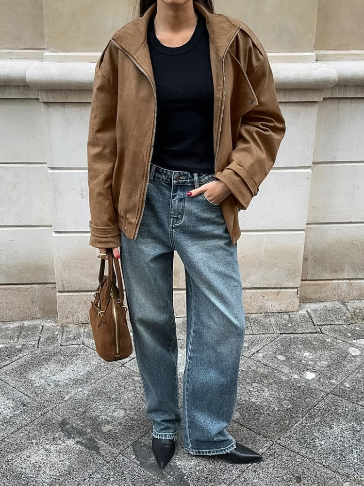 Suede Shirt Jacket with Lapel Collar