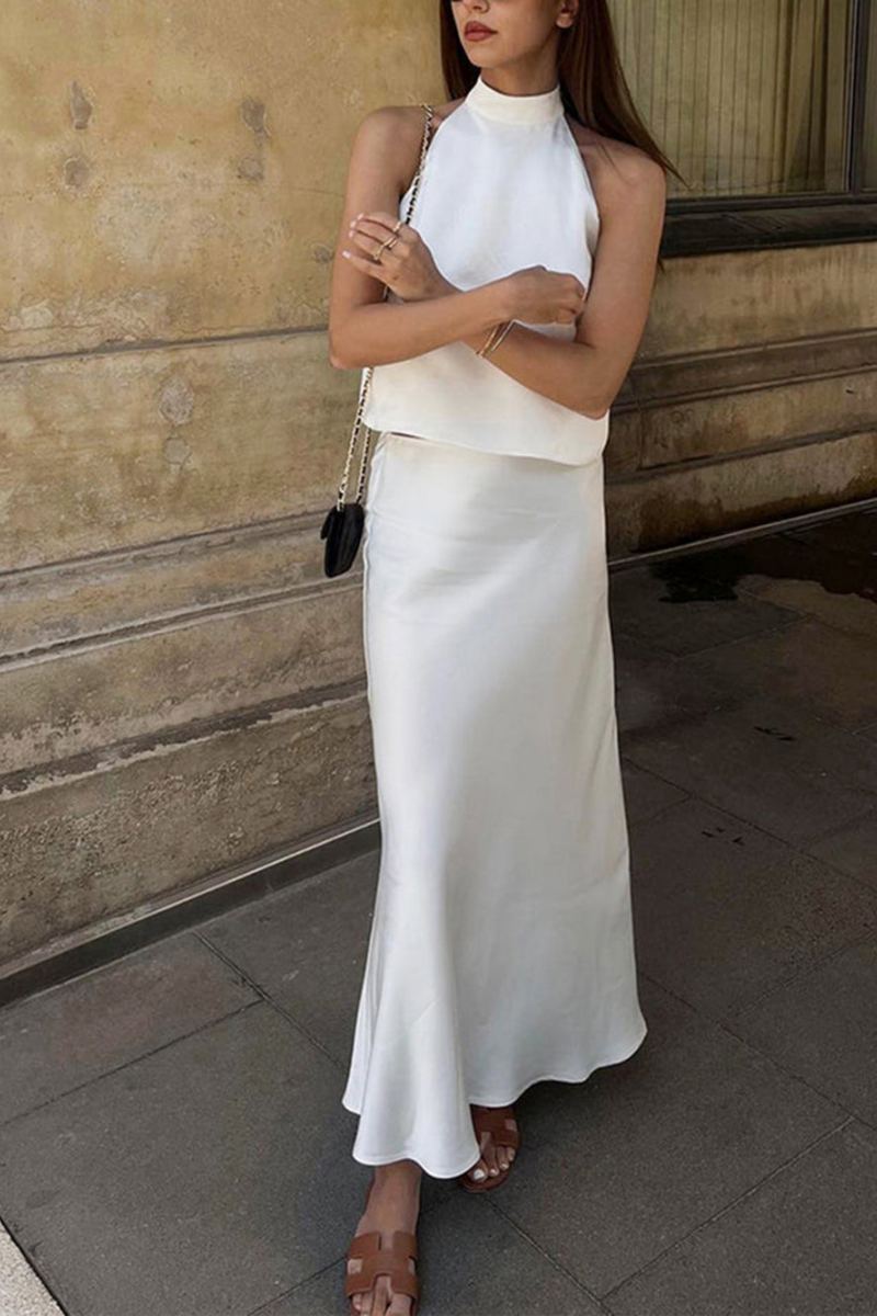 Coordinated Open Back Satin Two Piece Skirt Set