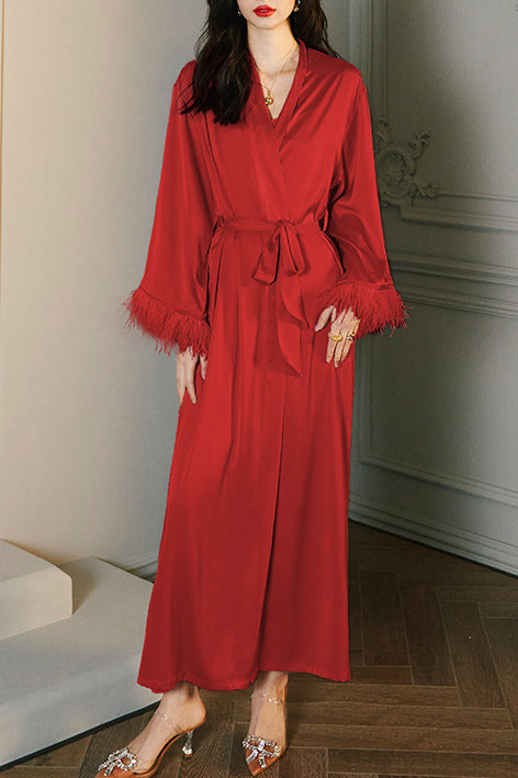 Modern Feather Satin Kimono Robe