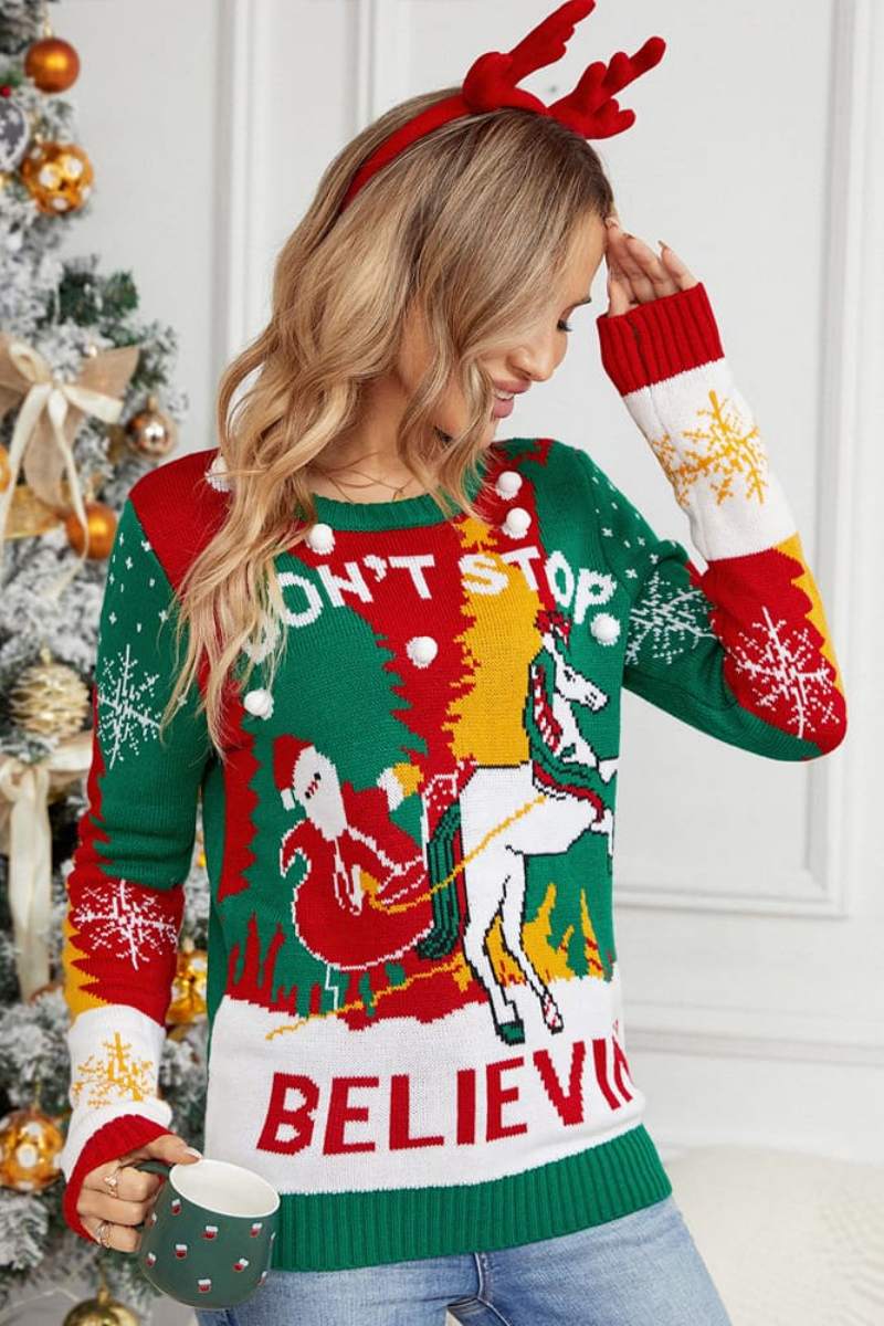 Modern Santa And Reindeer Sleigh Knit Sweater